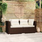 Stylish Brown Poly Rattan 2-Seater Sofa with Cushions for Indoor and Outdoor Use