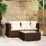 Stylish 3 Piece Garden Lounge Set with Cushions in Brown Poly Rattan - Perfect for Indoor and Outdoor Use