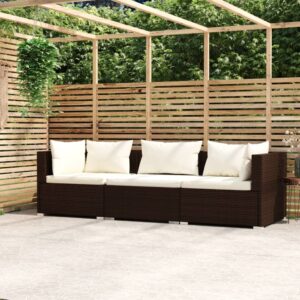 Stylish Three-Seater Outdoor Sofa with Cushions in Brown Poly Rattan  Waterproof and Durable