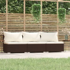 Stylish Brown Poly Rattan 3-Seater Sofa with Cushions for Indoor and Outdoor Use