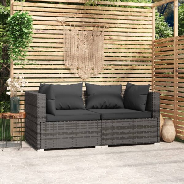 Stylish Grey Poly Rattan 2-Seater Sofa with Cushions for Indoor and Outdoor Use