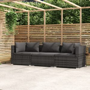 3-Seater Sofa with Cushions Grey Poly Rattan