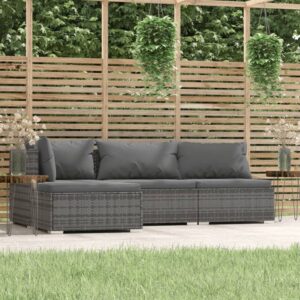 4 Piece Garden Lounge Set with Cushions Grey Poly Rattan