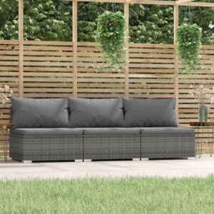 Stylish Grey Poly Rattan 3-Seater Sofa with Cushions for Indoor and Outdoor Use