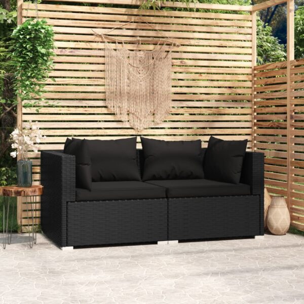 Stylish Black Poly Rattan Two-Seater Sofa with Cushions for Indoor and Outdoor Use