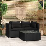 Stylish Black Garden Lounge Set with Cushions - Poly Rattan Outdoor Furniture Set