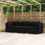 3-Seater Sofa with Cushions Black Poly Rattan