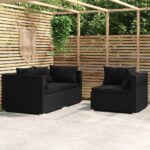 Stylish Black Garden Lounge Set with Cushions - Poly Rattan Outdoor Furniture Set