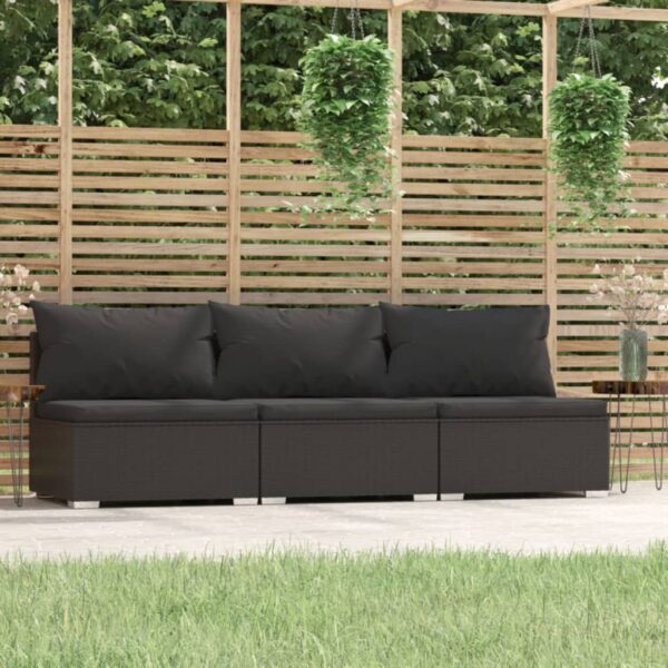 Stylish Black Poly Rattan 3-Seater Sofa with Cushions for Indoor and Outdoor Use