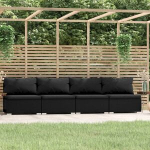 4-Seater Sofa with Cushions Black Poly Rattan