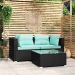 3 Piece Garden Lounge Set with Cushions Black Poly Rattan