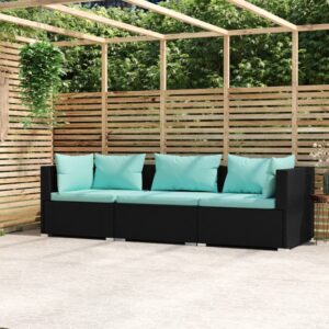 Stylish Black Poly Rattan 3-Seater Sofa with Cushions for Indoor and Outdoor Use