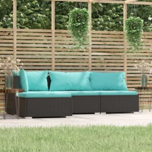 4 Piece Garden Lounge Set with Cushions Black Poly Rattan