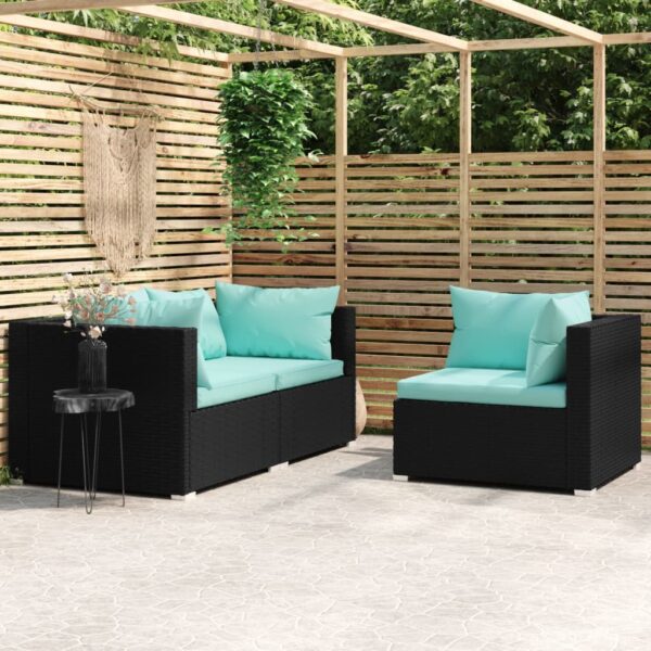 Stylish 3 Piece Garden Lounge Set with Cushions in Black Poly Rattan - Waterproof  Durable  and Comfortable