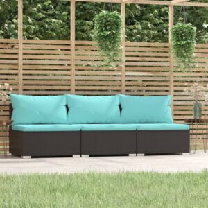 3-Seater Sofa with Cushions Black Poly Rattan