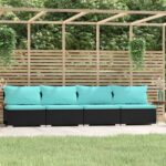 4-Seater Sofa with Cushions Black Poly Rattan