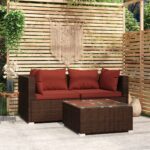 Three Piece Garden Lounge Set with Cushions in Brown Poly Rattan - Comfortable  Durable  and Modular Design