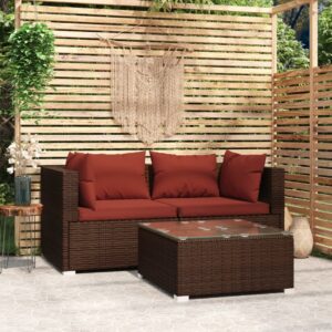 Three Piece Garden Lounge Set with Cushions in Brown Poly Rattan - Comfortable  Durable  and Modular Design