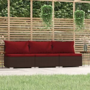 3-Seater Sofa with Cushions Brown Poly Rattan