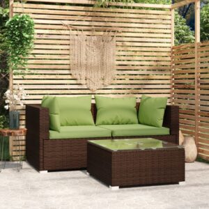 Three Piece Garden Lounge Set with Cushions in Brown Poly Rattan - Comfortable  Durable  and Modular