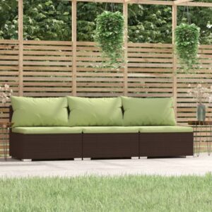 Stylish Brown Poly Rattan 3-Seater Outdoor Sofa with Green Cushions and Pillows