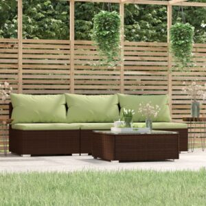 4 Piece Garden Lounge Set with Cushions Brown Poly Rattan