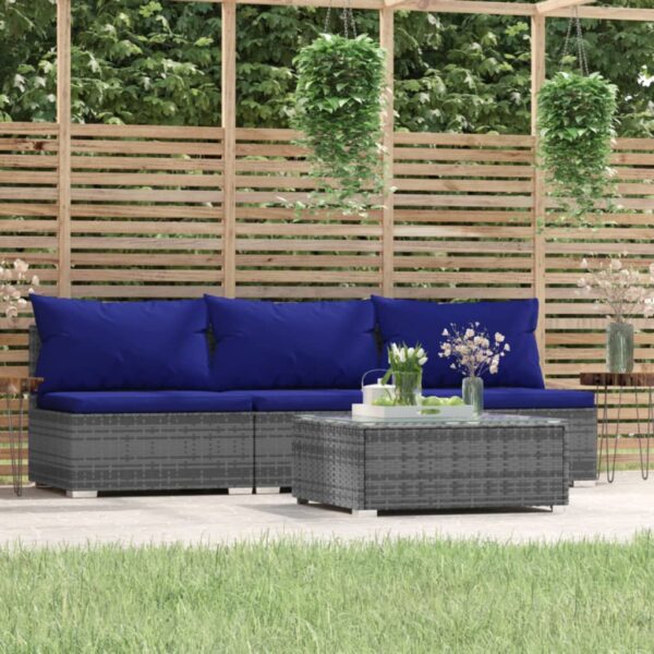 4 Piece Garden Lounge Set with Cushions Grey Poly Rattan