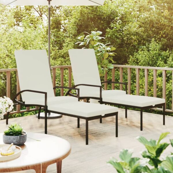 Set of Two Black PE Rattan Sun Loungers with Footrest for Patio and Garden Comfort