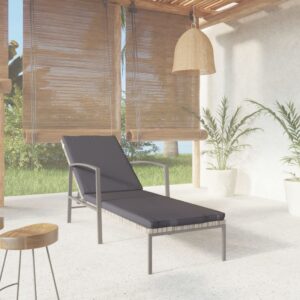 Adjustable Grey Garden Sun Lounger with Cushion  Poly Rattan Outdoor Patio Furniture