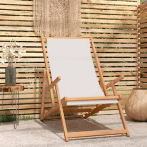 Solid Teak Wood Folding Beach Chair in Cream - Weather Resistant  Adjustable Backrest  Easy Storage