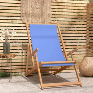 Solid Teak Wood Folding Beach Chair in Blue - Adjustable  Comfortable  Weather Resistant  Easy Storage