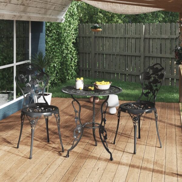 Black Cast Aluminium Bistro Set  Weather-Resistant Garden Furniture  Floral Pattern Design