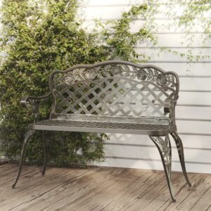 Romantic  Garden Bench  Cast Aluminium  Weather-Resistant  Green  Floral Pattern  Outdoor Patio Furniture