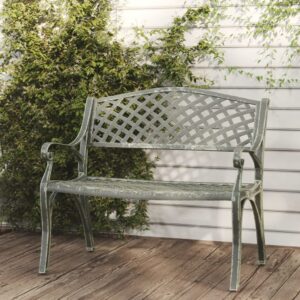 Romantic  Garden Bench in Green Cast Aluminium  Weather-Resistant  Ornate Decorations  Sturdy Cast Iron Legs