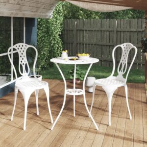 White Cast Aluminium 3 Piece Bistro Set  Weather-Resistant  Floral Pattern  Garden Patio Furniture