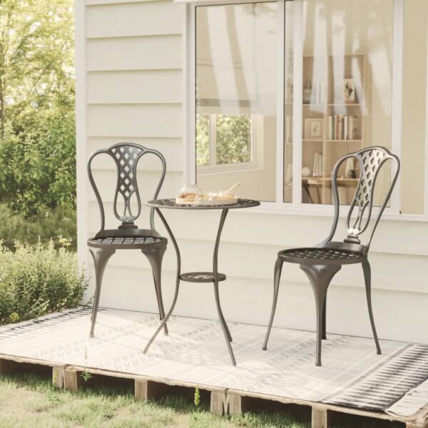 3 Piece Bistro Set in Black Cast Aluminium with Floral Pattern  Weather-Resistant and Durable