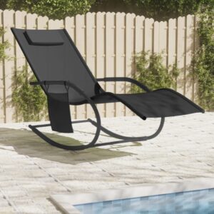 Black Rocking Sun Lounger with Removable Headrest and Side Pocket  Breathable Textilene  Steel Frame