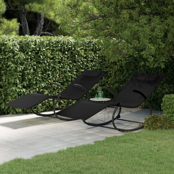 Black Rocking Sun Loungers Set of 2  Steel Frame  Breathable Textilene  Ergonomic Design