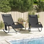 Rocking Sun Loungers Set of Two in Black Steel and Breathable Textilene with Side Pocket