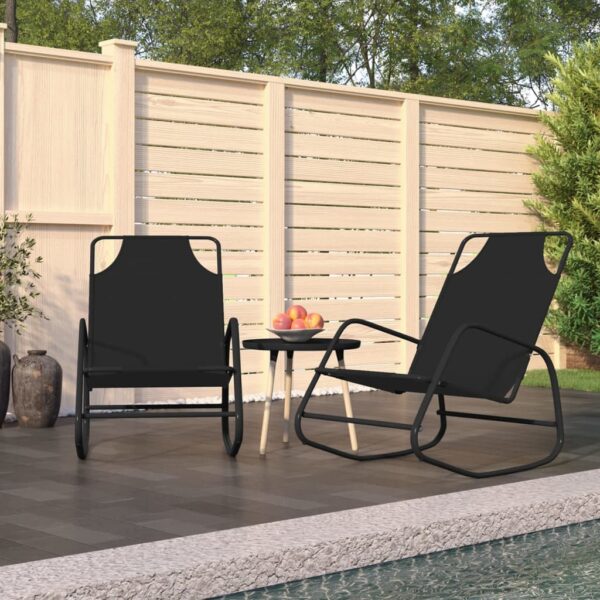 Set of 2 Black Rocking Sun Loungers  Breathable Textilene  Powder-Coated Steel  Easy to Clean