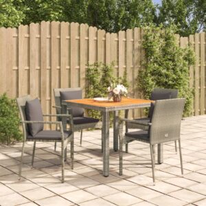 5 Piece Garden Dining Set with Cushions Grey Poly Rattan