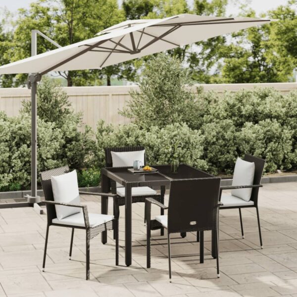 5 Piece Garden Dining Set with Cushions Black Poly Rattan