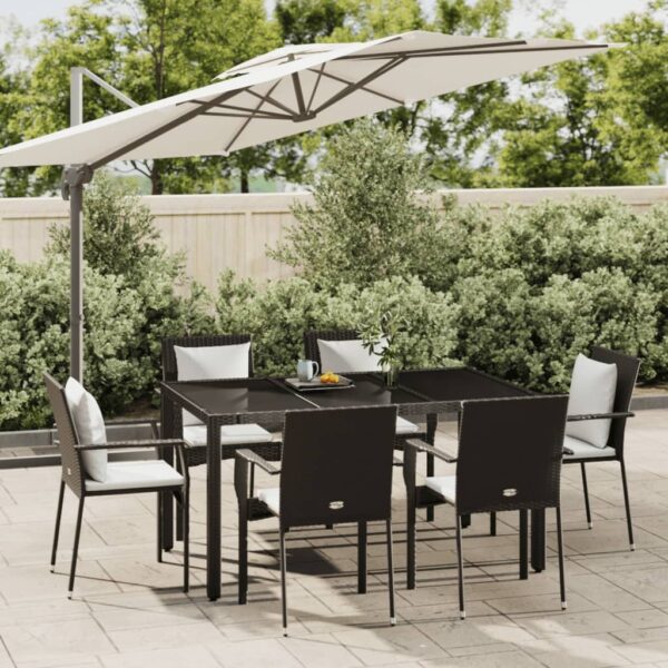 7 Piece Garden Dining Set with Cushions Black Poly Rattan