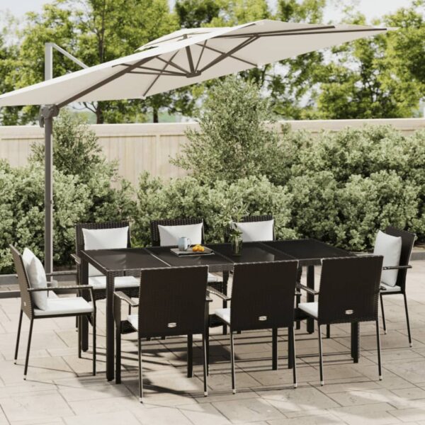 9 Piece Garden Dining Set with Cushions Black Poly Rattan