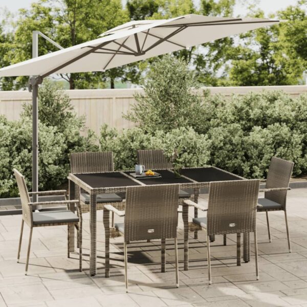 7 Piece Garden Dining Set with Cushions Grey Poly Rattan