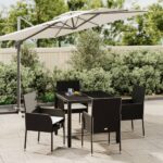 5 Piece Garden Dining Set with Cushions Black Poly Rattan