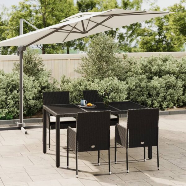 5 Piece Garden Dining Set with Cushions Black Poly Rattan