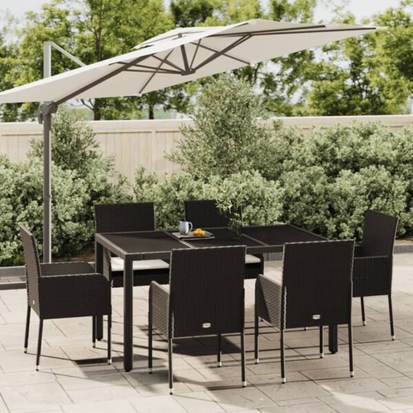 7 Piece Garden Dining Set with Cushions Black Poly Rattan