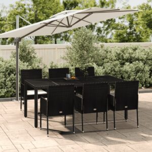 7 Piece Garden Dining Set with Cushions Black Poly Rattan