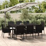 9 Piece Garden Dining Set with Cushions Black Poly Rattan